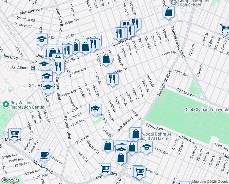 map of restaurants, bars, coffee shops, grocery stores, and more near 195-02 120th Avenue in Queens