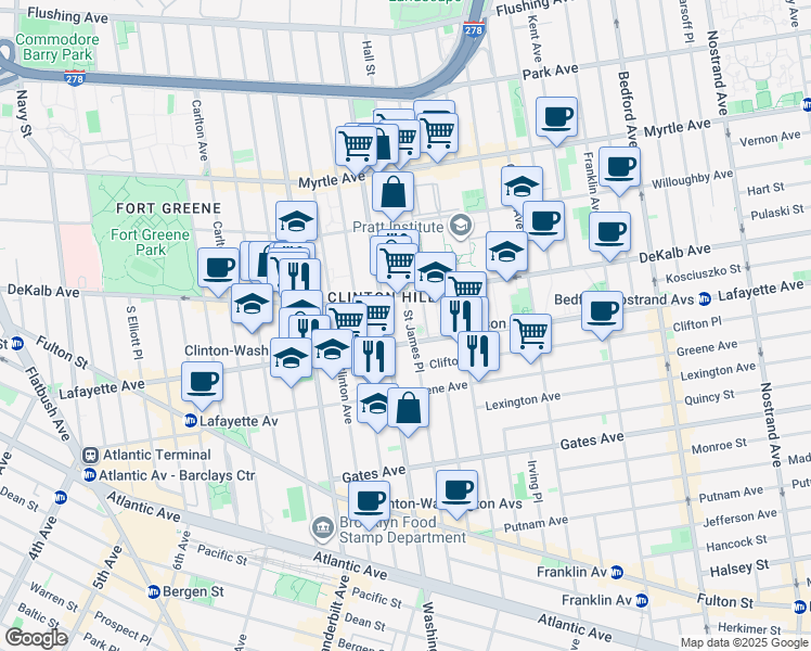 map of restaurants, bars, coffee shops, grocery stores, and more near 30 Saint James Place in Brooklyn