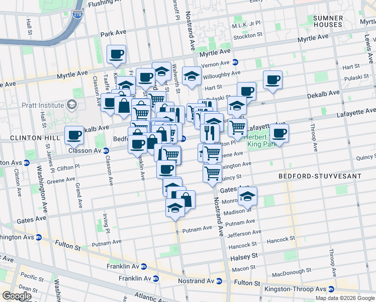 map of restaurants, bars, coffee shops, grocery stores, and more near 265 Clifton Place in Brooklyn