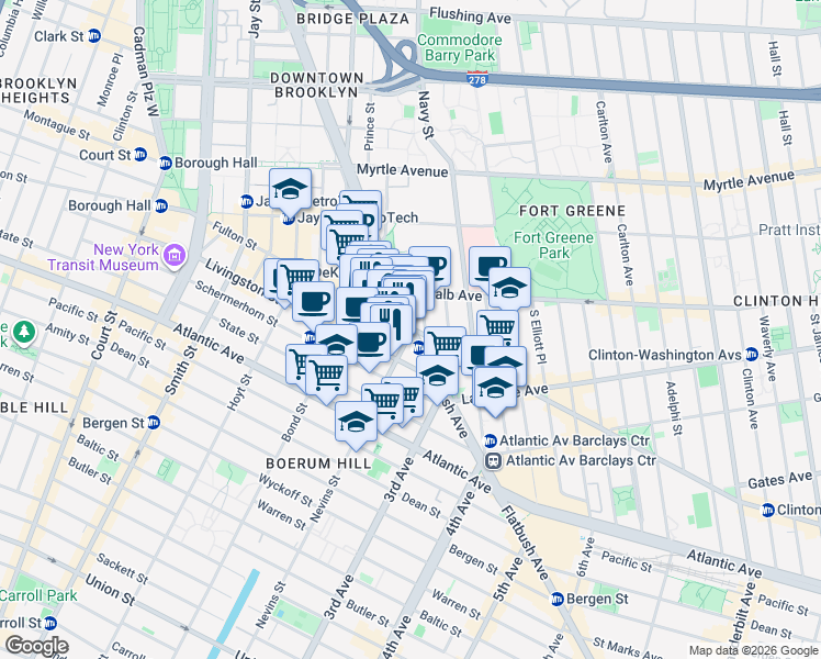 map of restaurants, bars, coffee shops, grocery stores, and more near 532 Fulton Street in Brooklyn