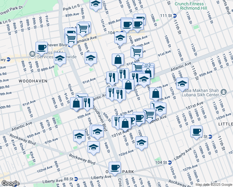 map of restaurants, bars, coffee shops, grocery stores, and more near 97-14 Atlantic Avenue in Queens