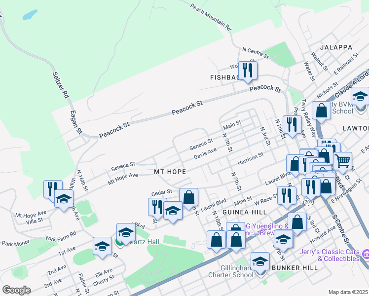 map of restaurants, bars, coffee shops, grocery stores, and more near 922 Seneca St in Pottsville
