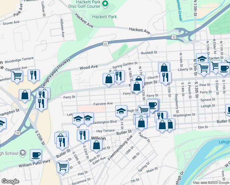 map of restaurants, bars, coffee shops, grocery stores, and more near 1925 Ferry Street in Easton