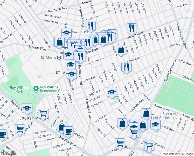 map of restaurants, bars, coffee shops, grocery stores, and more near 190-02 119th Avenue in Queens