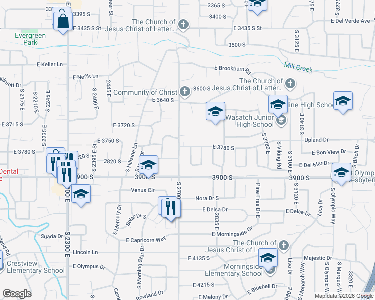 map of restaurants, bars, coffee shops, grocery stores, and more near 3790 2740 East in Salt Lake City