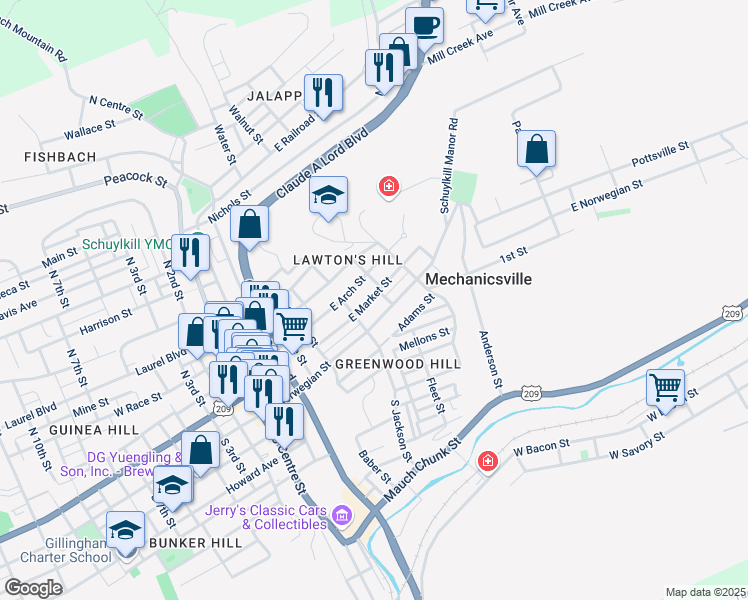 map of restaurants, bars, coffee shops, grocery stores, and more near 531 East Market Street in Pottsville
