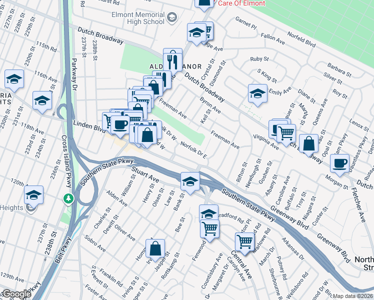 map of restaurants, bars, coffee shops, grocery stores, and more near 30 Norfolk Drive East in Elmont