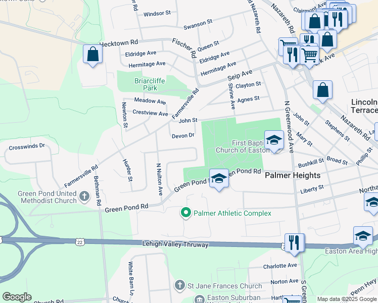 map of restaurants, bars, coffee shops, grocery stores, and more near 31 Ridgewood Road in Easton