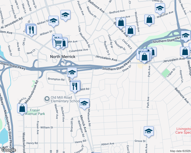 map of restaurants, bars, coffee shops, grocery stores, and more near 2020 Shaw Drive in North Merrick