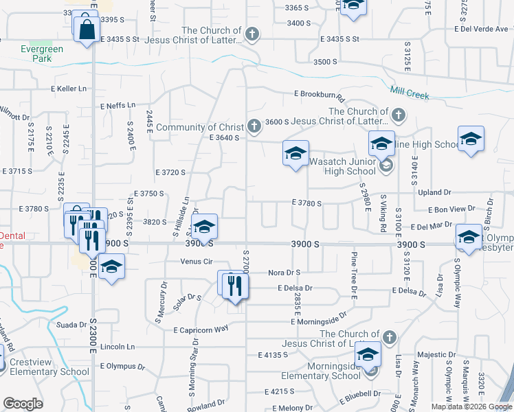 map of restaurants, bars, coffee shops, grocery stores, and more near 3790 2740 East in Salt Lake City