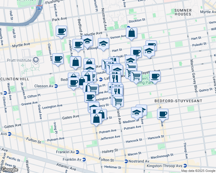 map of restaurants, bars, coffee shops, grocery stores, and more near 308 Clifton Place in Brooklyn