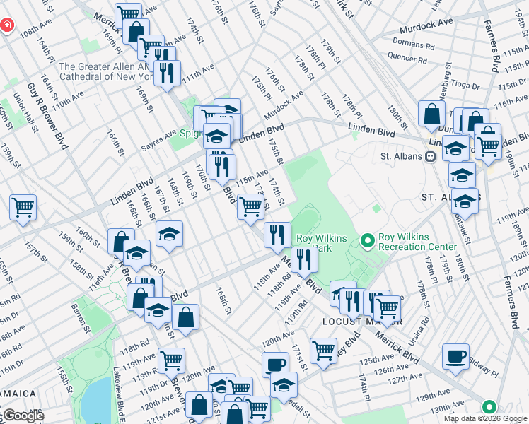 map of restaurants, bars, coffee shops, grocery stores, and more near 115-50 173rd Street in Queens