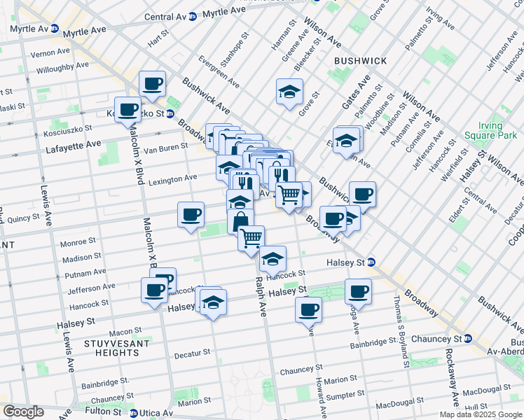 map of restaurants, bars, coffee shops, grocery stores, and more near 827 Monroe Street in Brooklyn