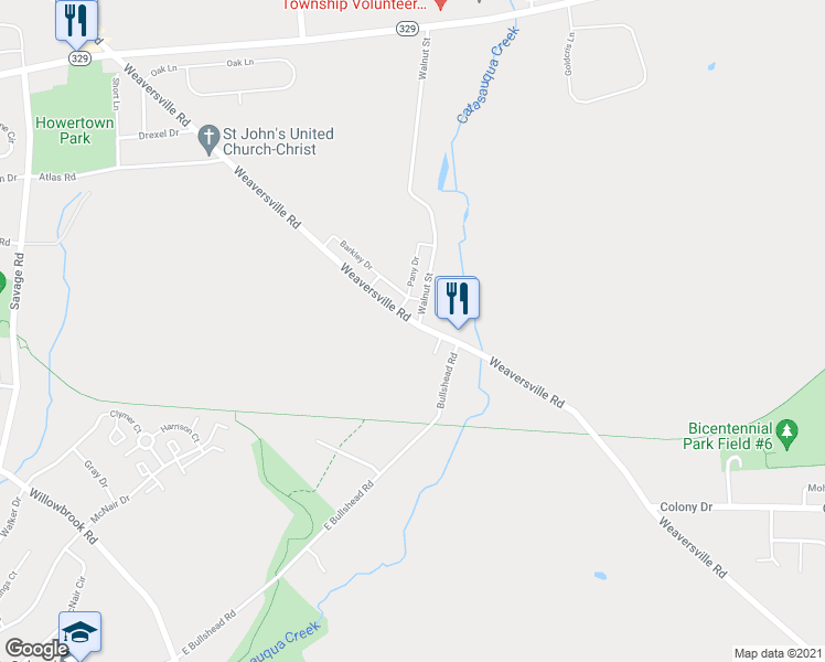map of restaurants, bars, coffee shops, grocery stores, and more near 6955 Weaversville Road in Northampton