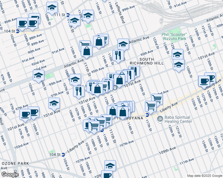 map of restaurants, bars, coffee shops, grocery stores, and more near 95-78 113th Street in Queens
