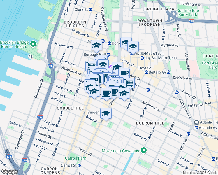 map of restaurants, bars, coffee shops, grocery stores, and more near 252 Atlantic Avenue in Brooklyn