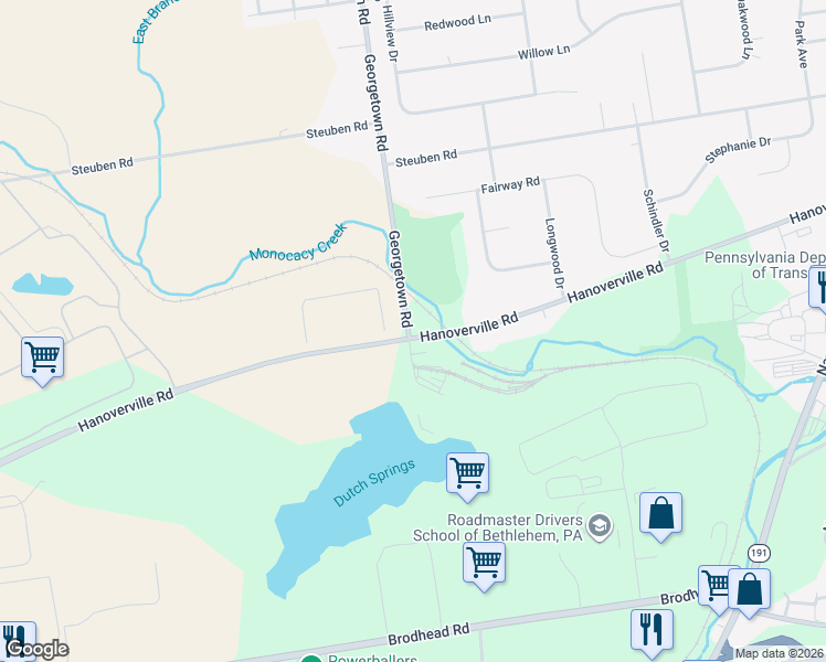 map of restaurants, bars, coffee shops, grocery stores, and more near 4686 Hanoverville Road in Bethlehem