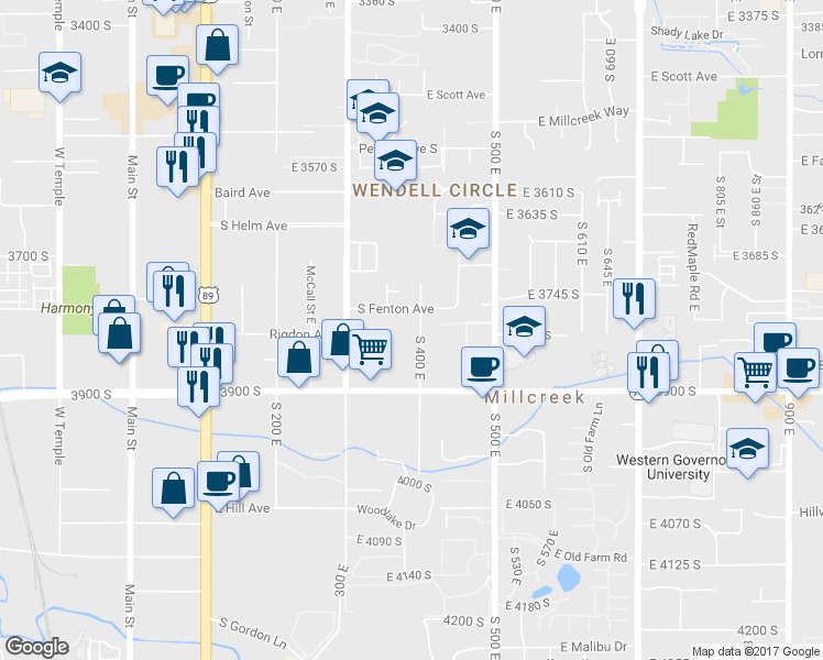 map of restaurants, bars, coffee shops, grocery stores, and more near 3780 South 400 East in South Salt Lake