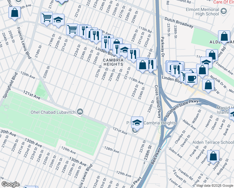 map of restaurants, bars, coffee shops, grocery stores, and more near 119-02 231st Street in Queens