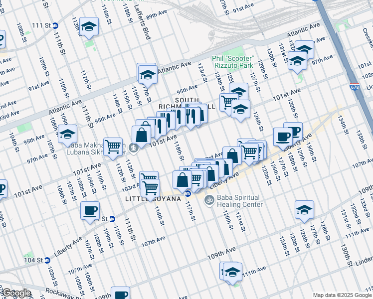 map of restaurants, bars, coffee shops, grocery stores, and more near 101-36 Lefferts Boulevard in Queens