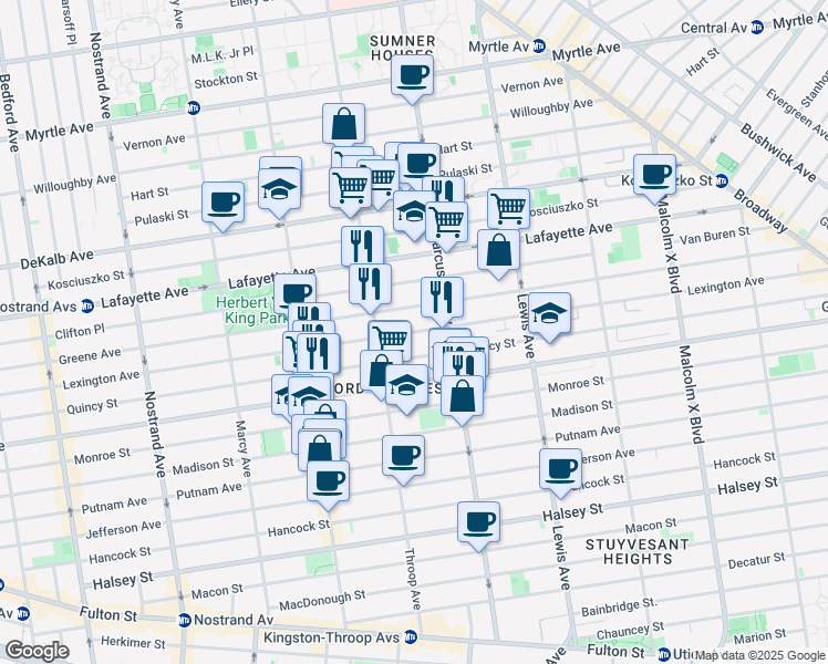 map of restaurants, bars, coffee shops, grocery stores, and more near 519 Lexington Avenue in Brooklyn