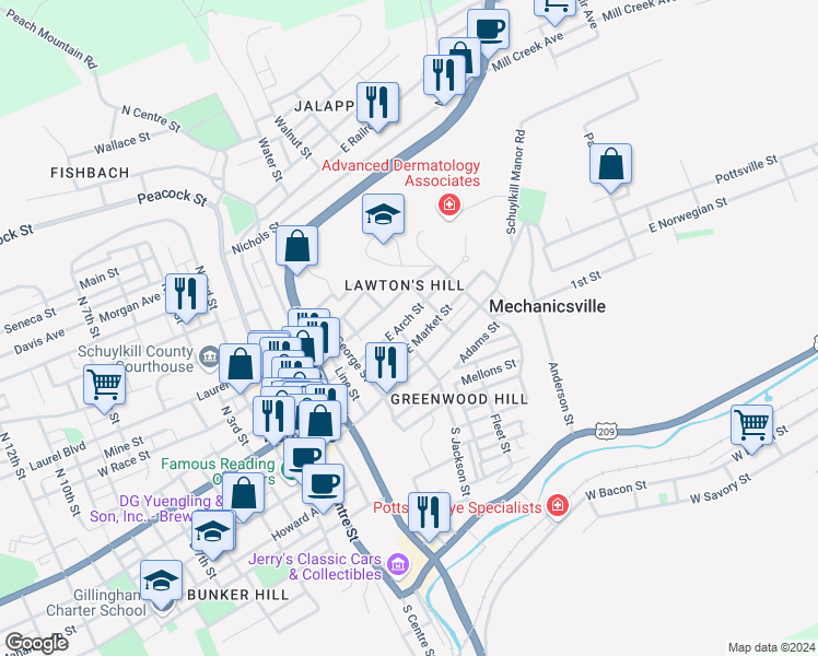 map of restaurants, bars, coffee shops, grocery stores, and more near 507 East Arch Street in Pottsville