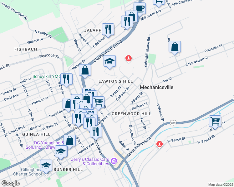 map of restaurants, bars, coffee shops, grocery stores, and more near 507 East Arch Street in Pottsville