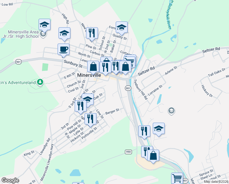 map of restaurants, bars, coffee shops, grocery stores, and more near 10 Locust Street in Minersville