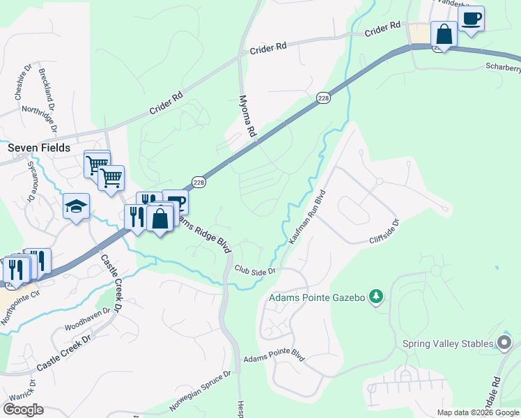 map of restaurants, bars, coffee shops, grocery stores, and more near 312 Helenium Drive in Mars