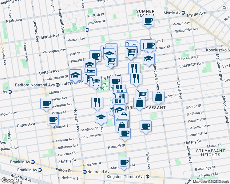 map of restaurants, bars, coffee shops, grocery stores, and more near 593 Greene Avenue in Brooklyn