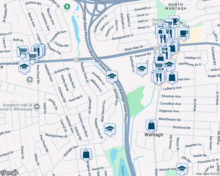map of restaurants, bars, coffee shops, grocery stores, and more near 3075 Clovermere Road in Wantagh