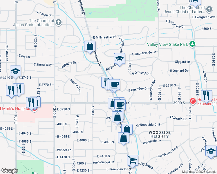 map of restaurants, bars, coffee shops, grocery stores, and more near 1565 East Talo Court in Millcreek