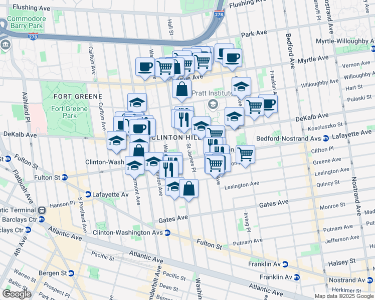 map of restaurants, bars, coffee shops, grocery stores, and more near 30 Saint James Place in Brooklyn