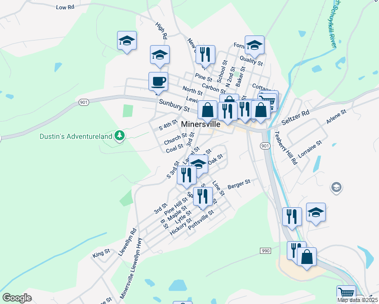 map of restaurants, bars, coffee shops, grocery stores, and more near 308 Laurel Street in Minersville