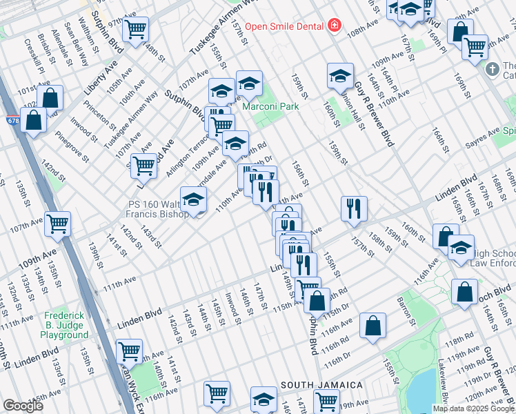 map of restaurants, bars, coffee shops, grocery stores, and more near 110-46 Sutphin Boulevard in Queens