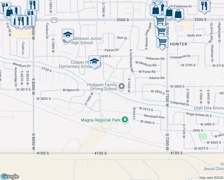 map of restaurants, bars, coffee shops, grocery stores, and more near 7525 West 3825 South in Magna