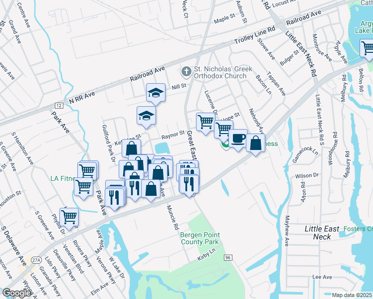 map of restaurants, bars, coffee shops, grocery stores, and more near 14 Abbott Street in West Babylon