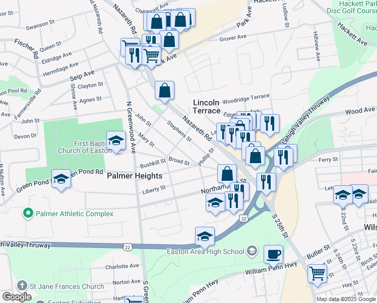map of restaurants, bars, coffee shops, grocery stores, and more near 2623 John Street in Easton