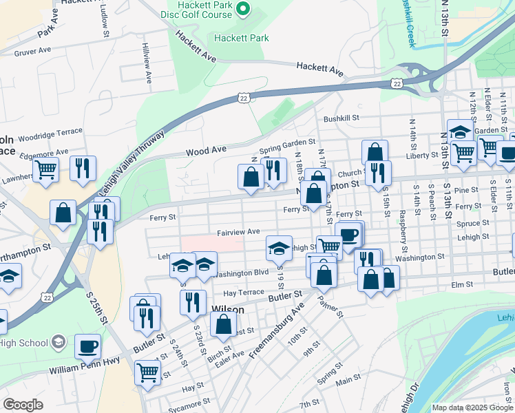 map of restaurants, bars, coffee shops, grocery stores, and more near 1925 Ferry Street in Easton