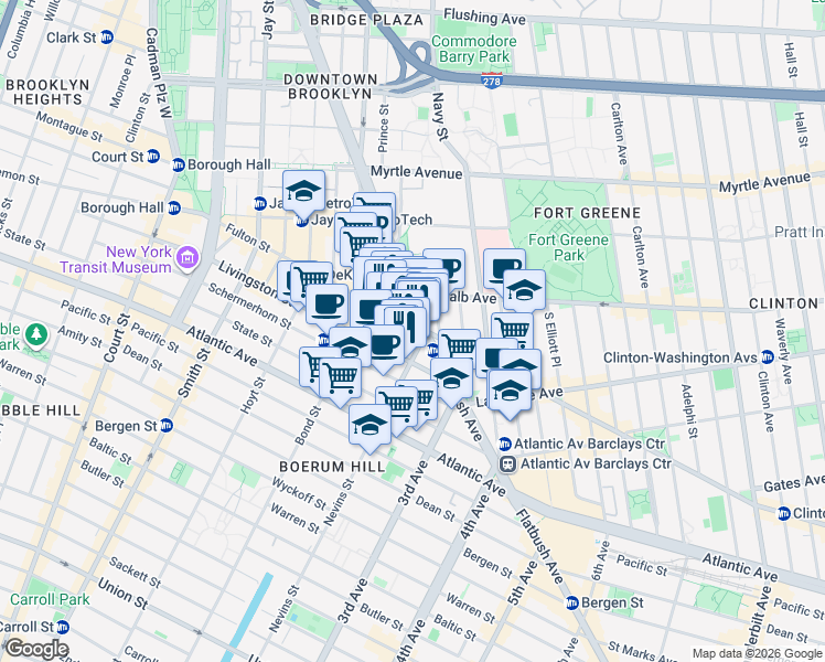map of restaurants, bars, coffee shops, grocery stores, and more near 540 Fulton Street in Brooklyn