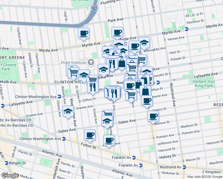 map of restaurants, bars, coffee shops, grocery stores, and more near Lafayette Ave & Classon Ave in Brooklyn