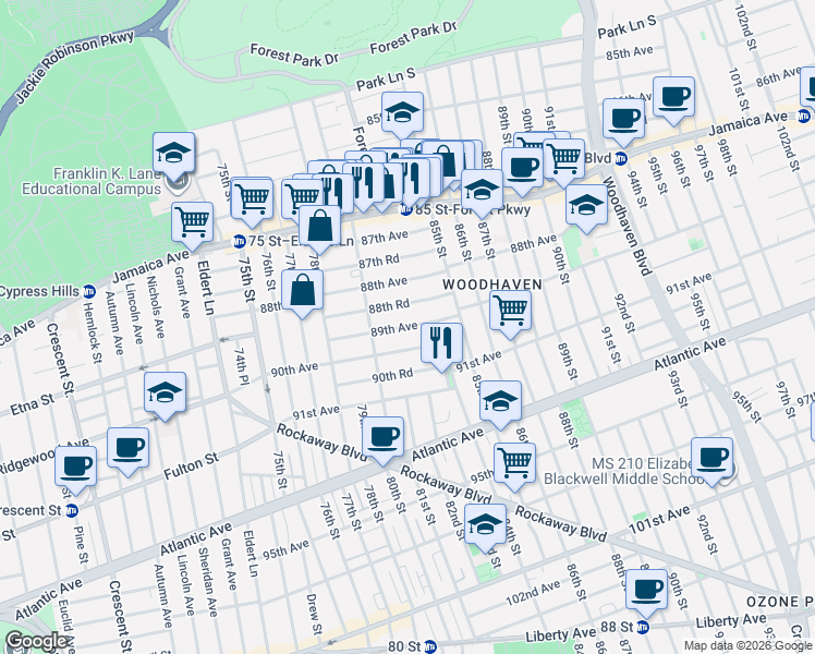 map of restaurants, bars, coffee shops, grocery stores, and more near 80-37 89th Avenue in Queens