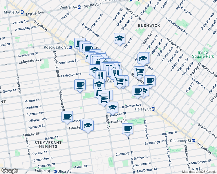 map of restaurants, bars, coffee shops, grocery stores, and more near 829 Monroe Street in Brooklyn