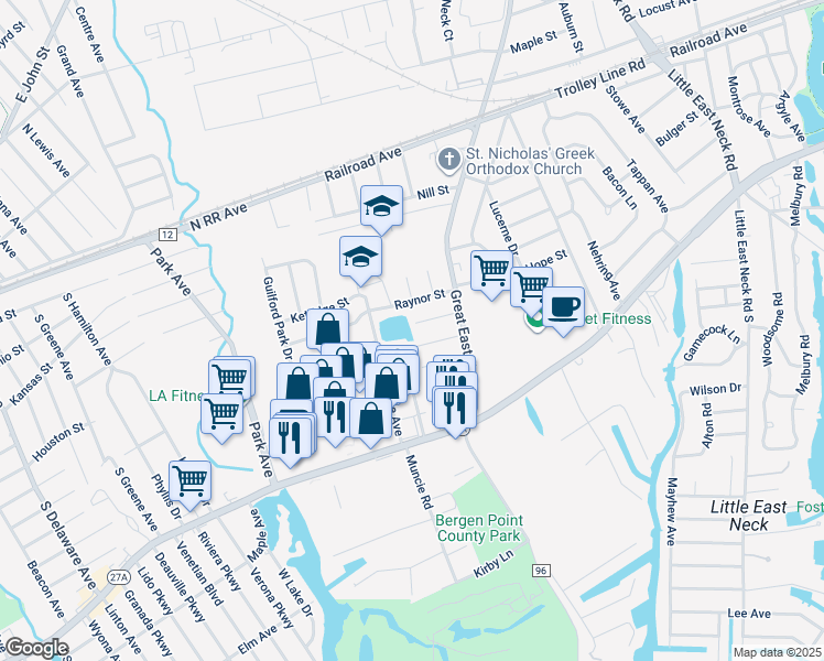 map of restaurants, bars, coffee shops, grocery stores, and more near 22 Abbott St in West Babylon
