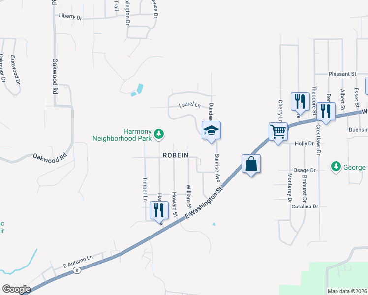map of restaurants, bars, coffee shops, grocery stores, and more near 308 Howard Street in East Peoria