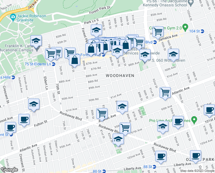 map of restaurants, bars, coffee shops, grocery stores, and more near 84-04 89th Avenue in Queens