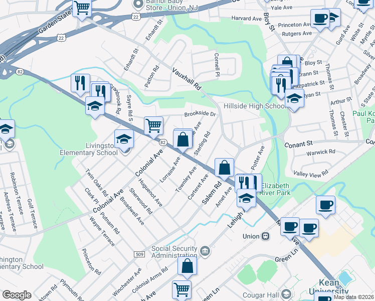 map of restaurants, bars, coffee shops, grocery stores, and more near 1389 Morris Avenue in Union