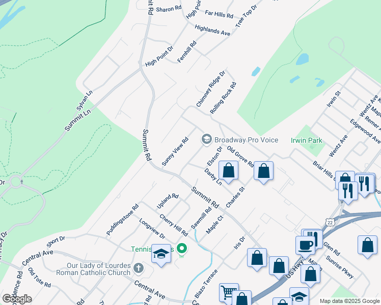 map of restaurants, bars, coffee shops, grocery stores, and more near 1072 Sunny Slope Dr in Mountainside