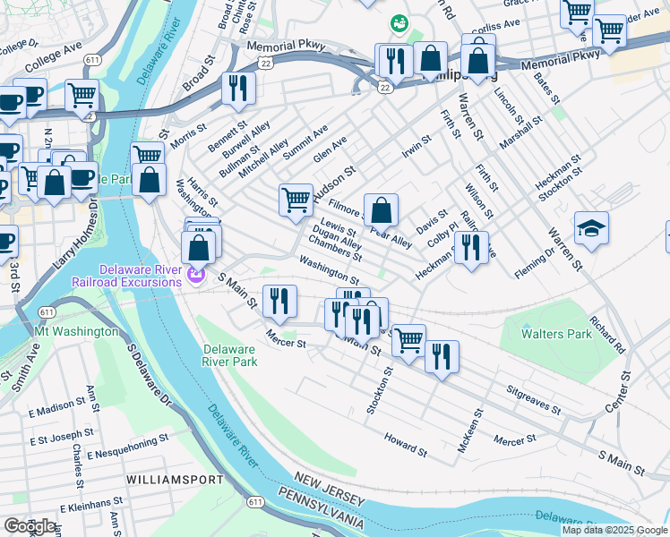 map of restaurants, bars, coffee shops, grocery stores, and more near 281 Washington Street in Phillipsburg