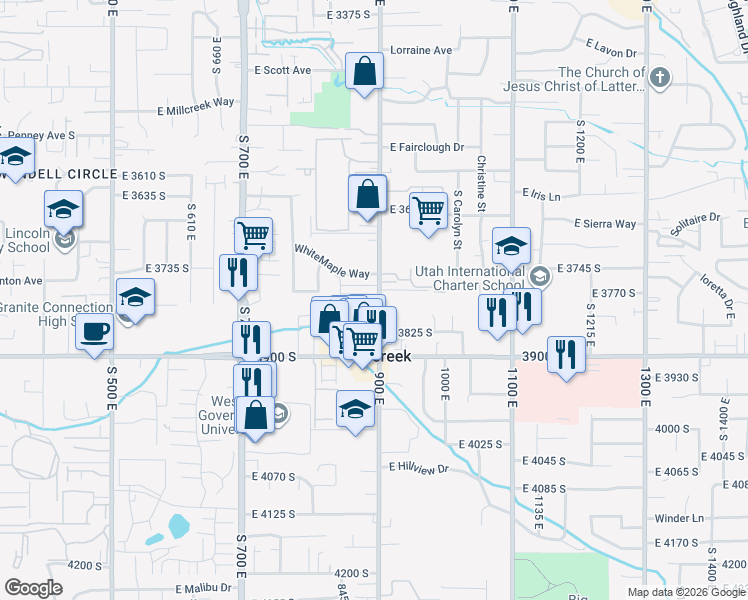 map of restaurants, bars, coffee shops, grocery stores, and more near 886 Maple Crest Court in Salt Lake City